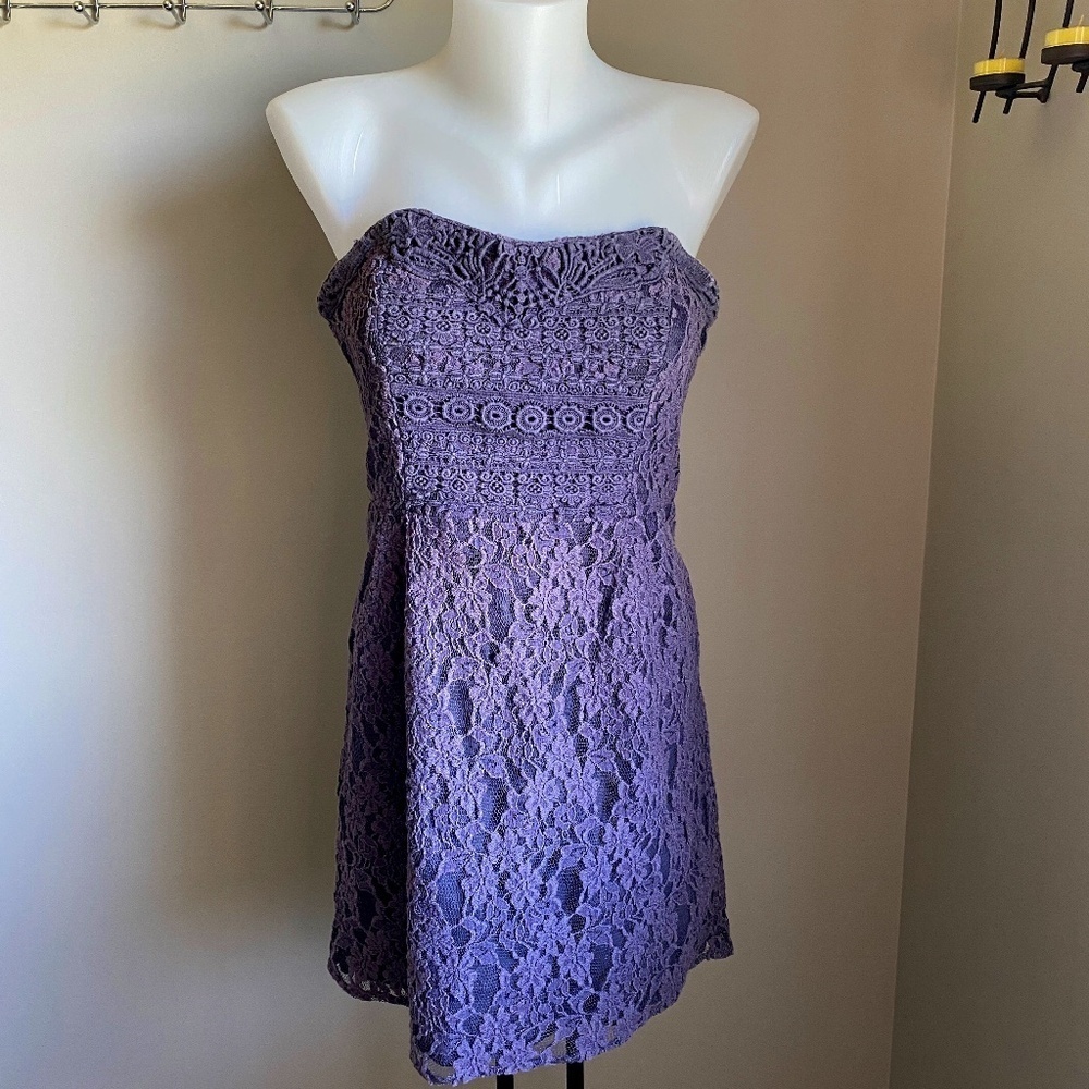 Free‎ People Women's Lilac/Gray Strapless Crochet Lace Mini Dress Lined